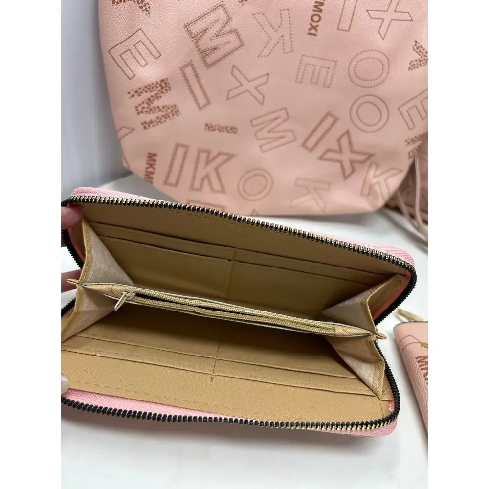 MKMEMOXI Mei & Ge Women's Fashion Retro Letter Print Pink Purse 6 Piece Set